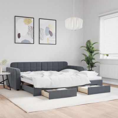 vidaXL Pat de zi cu extensie și sertare gri &amp;icirc;nchis 90x200 cm catifea 3196978 foto