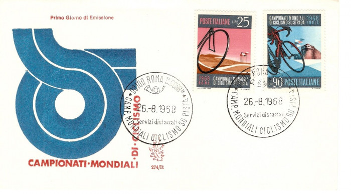 CICLISM CAMPIONATUL MONDIAL DE PISTA SI STRADA FDC ITALIA 1968