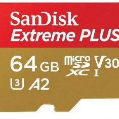 Card de memorie SanDisk Extreme Plus SDSQXBU-064G-GN6MA, MicroSDXC, 64GB, UHS-I U3, Clasa 10, V30 + Adaptor SD