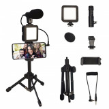Kit de vlogging pentru filmari video Youtube, TikTok, cu trepied, microfon, panou LED, telecomanda bluetooth, suport reglabil telefon, compatibil cu a