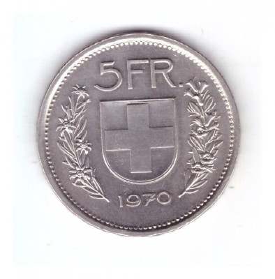 Moneda Elvetia 5 francs/franci 1970, stare foarte buna, curata foto