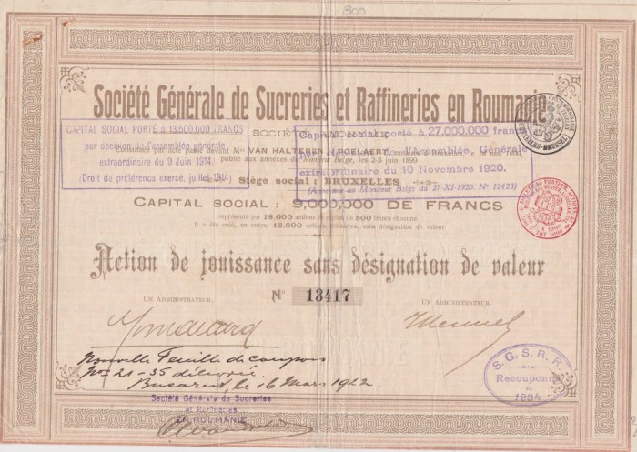 SOCIETE GENERALE DE SUCRERIES ET RAFFINERIES EN ROUMANIE ACTIUNE 1920 F