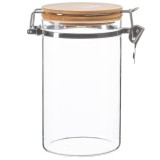 Recipient din sticla borosilicata Pufo Taste pentru zahar, cafea, ceai sau condimente, cu capac ermetic tip clema din bambus, 1 L