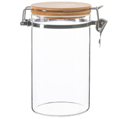 Recipient din sticla borosilicata Pufo Taste pentru zahar, cafea, ceai sau condimente, cu capac ermetic tip clema din bambus, 1 L foto
