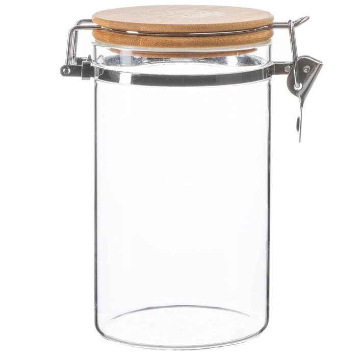 Recipient din sticla borosilicata Pufo Taste pentru zahar, cafea, ceai sau condimente, cu capac ermetic tip clema din bambus, 1 L