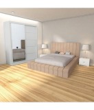 Dormitor Crem complet: Pat tapitat catifea 160x200, Dulap 150x208, Tablie 120cm. Livrare 3-5 zile