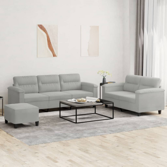 vidaXL Set de canapele cu perne, 3 piese, gri deschis, microfibră 3202345