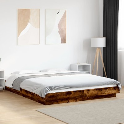 Gossi cadru pat cu lumini led stejar fumuriu 150x200cm lemn prelucrat foto