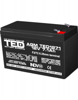 Acumulator 12V, TED Electric, Stationar VRLA, Dimensiuni 151 x 65 x 95 mm, Baterie 12V 7.1Ah F2 foto
