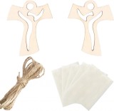 Set de 50 pandative cruce cu autocolante si rola de franghie pentru botez Azexcy, lemn/textil/hartie, natur/alb, 4 x 3,3 cm