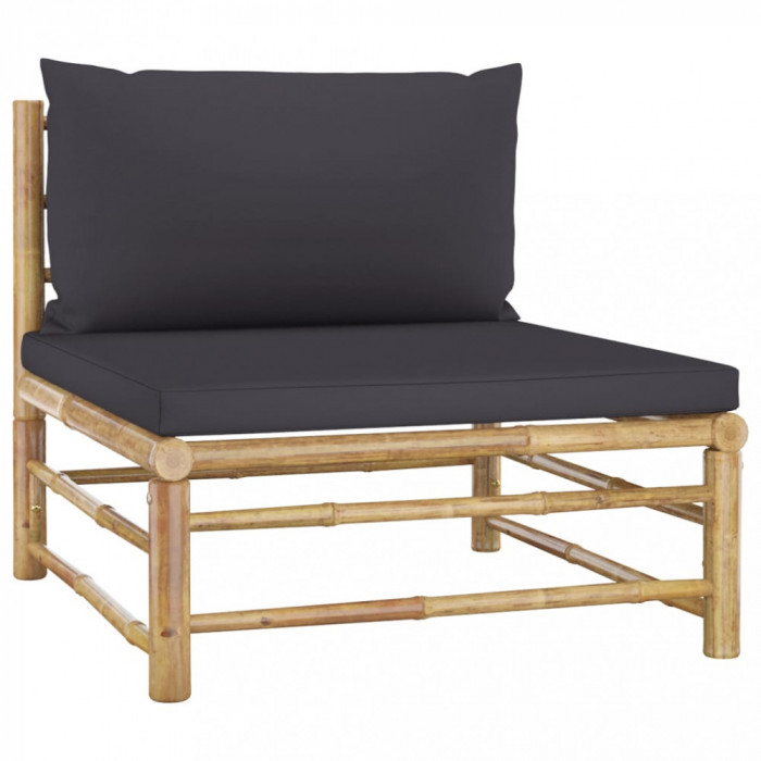 Canapea de mijloc pentru grădină, perne gri &icirc;nchis, bambus