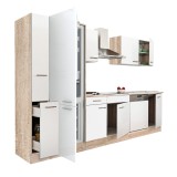 Mobilier de bucătărie Yorki 310 cu corp din stejar Sonoma, cu fațade albe cu finisaj satinat, cu frigider cu congelator &icirc;n partea de jos, fără blat de