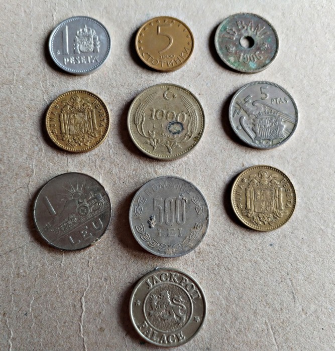 Lot 10 monede straine și romanesti circulate conform foto L5 1 peseta Spania stotinki Bulgaria 10 bani 1906 Romania 1 peseta Spania 1000 lire Turcia
