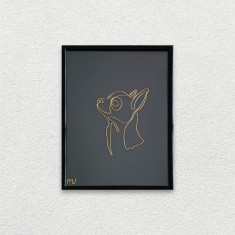 Chihuahua, tablou sculptura din fir continuu de sarma placata cu aur, 19×25 cm