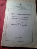 Bs3/u. Legea si Regulamentul pt.incurajarea constructiilor de cladiri iulie 1921 ,cu Expunere Motive , cu 3 stampile Regatul Romaniei, 48pag
