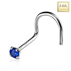 Piercing curbat din aur alb de 14K pentru nas, zirconiu albastru închis, 2mm