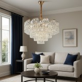 Candelabru Cu Cristale , Finisaj Auriu, Design Stratificat Tip Cascada, 10 Becuri X E27