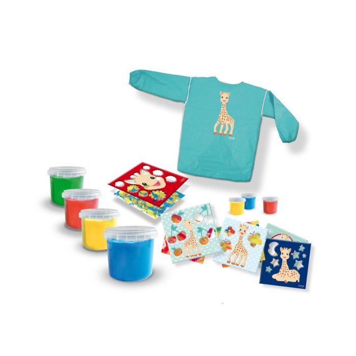 Set pictura cu degetele, 4 culori acuarele pentru degete, planse si sort Girafa Sophie, +12 luni