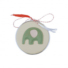 Martisor oglinda rotunda, Onore, crem, piele ecologica, 1 x 7 cm diametru, model elefant verde