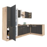 Mobilier de bucătărie de colț Yorki 310, cu corp din stejar Sonoma, fațade antracit cu finisaj satinat, cu frigider cu congelator &icirc;n partea de jos, fă