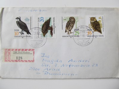 RDG , 1983 4 timbre , pasari de prada , plic circulat foto
