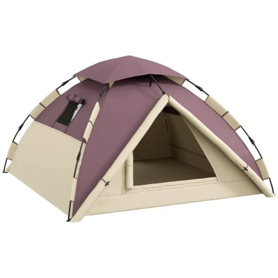 Cort camping, 2 persoane, impermeabil, cu ferestre, geanta, kaki si visiniu, 206x185x120 cm foto