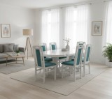 Set masa living extensibila SB Nork, MDF Furniruit, structura lemn masiv, 8 persoane, 198-160x90x74 cm si 6 scaune, tapiterie stofa, lacuit, 120 kg, a