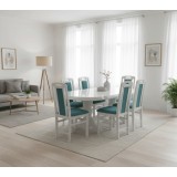 Set masa living extensibila SB Nork, MDF Furniruit, structura lemn masiv, 8 persoane, 198-160x90x74 cm si 6 scaune, tapiterie stofa, lacuit, 120 kg, a