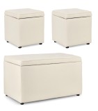 Cumpara ieftin Set bancuta, 2 tabureti textil alb Derrick 40x40x40 cm; 89x48x51 cm