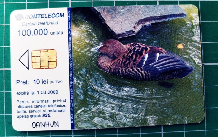 Cartelă telefonică Romtelecom Păsări acvatice Femelă Rață Eider10 lei 100.000 unități OANHVN exp. 01.03.2009 Rață sălbatică mare Mascul