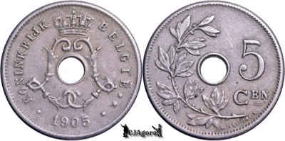 1905, 5 Centimes - Leopold al II-lea - Regatul Belgiei - inscripție olandeză foto