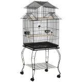 PawHut Colivie pentru Păsări din Oțel și Lemn cu Tavă Detașabilă, 4 Roți și Recipient pentru Alimente, 51,5x50x140 cm, Negru | Aosom Romania