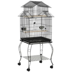 PawHut Colivie pentru Păsări din Oțel și Lemn cu Tavă Detașabilă, 4 Roți și Recipient pentru Alimente, 51,5x50x140 cm, Negru | Aosom Romania