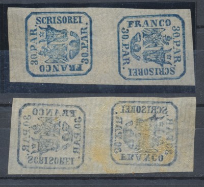 Principatele Unite 1862 tipar de m&amp;acirc;nă timbru 30 parale tipărit pe hartie vargata in pereche tete-beche nestampilata MLH / MNH foto