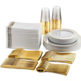Set 175 piese pentru petrecere Versatyx, Farfurii mari si mici, Tacamuri, Pahare, Servete, Reutilizabile, Pentru mese festive, Rotund, Gold
