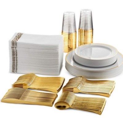 Set 175 piese pentru petrecere Versatyx, Farfurii mari si mici, Tacamuri, Pahare, Servete, Reutilizabile, Pentru mese festive, Rotund, Gold foto