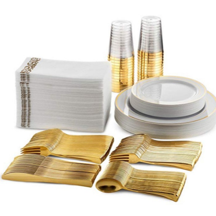 Set 175 piese pentru petrecere Versatyx, Farfurii mari si mici, Tacamuri, Pahare, Servete, Reutilizabile, Pentru mese festive, Rotund, Gold