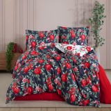 Cumpara ieftin Lenjerie pat dublu,bumbac ranforce,4 piese,bleumarin rosie cu flori,Nare-A1336