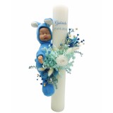Lumanare pentru botez, 40 cm, cu trandafir criogenat, hortensii criogenate, flori naturale uscate si iepuras somnoros (personalizabila cromatic si cu