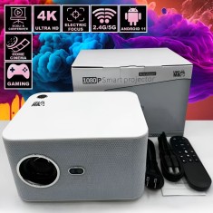 Videoproiector Smart Portabil, Linomag&reg;, 4K Full HD 1080P, 350 ANSI, Autofocus, Android 11, WiFi, Bluetooth, Difuzor Integrat, Telecomandă, Alb/Gri Pe