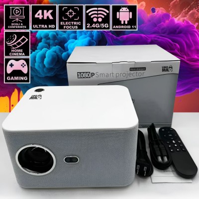 Videoproiector Smart Portabil, Linomag&amp;reg;, 4K Full HD 1080P, 350 ANSI, Autofocus, Android 11, WiFi, Bluetooth, Difuzor Integrat, Telecomandă, Alb/Gri Pe foto