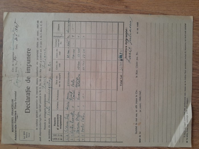 Declaratie veche pt impunerea veniturilor RPR 1947 Timis Torontal Finante