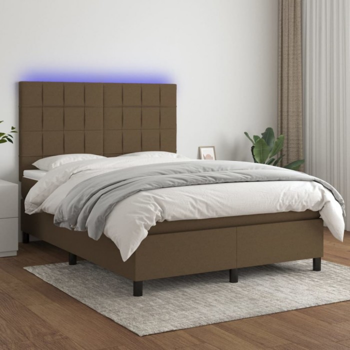 vidaXL Pat cu arcuri, saltea și LED, maro &icirc;nchis, 140x200 cm, textil 3134880
