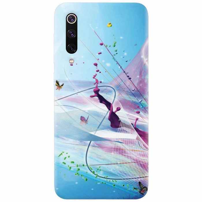 Husa silicon pentru Xiaomi Mi 9, Artistic Paint Splash Purple Butterflies