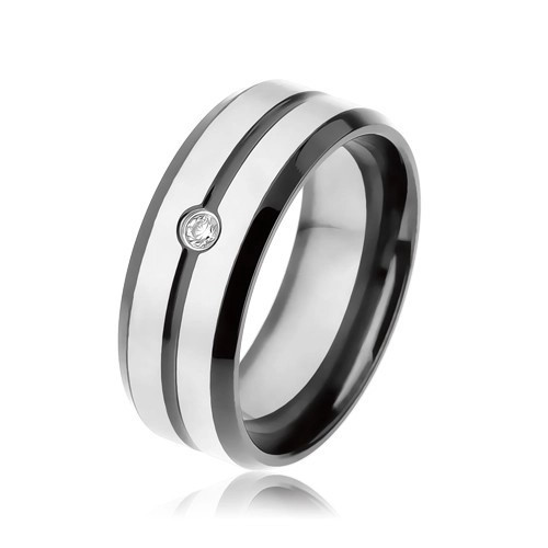 Inel negru din o&Aring;&pound;el 316L, dungi mate argintii, zirconiu transparent - Marime inel: 68