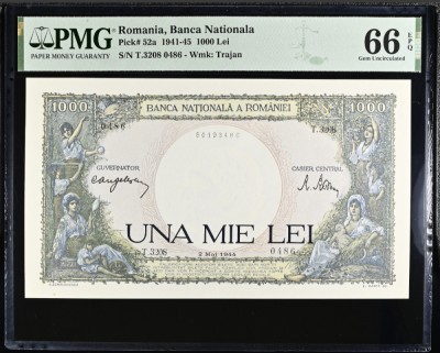 1000 lei Mai 1944 PMG66 UNC bancnota gradata foto
