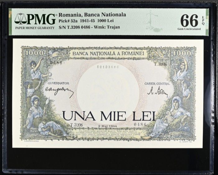 1000 lei Mai 1944 PMG66 UNC bancnota gradata