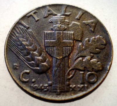 1.648 ITALIA WWII VITTORIO EMANUELE III 10 CENTESIMI 1943 R foto