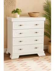 Comoda dormitor VM2, Pal Melaminat, cu 4 sertare, cu elemente din MDF, Alb Antichizat