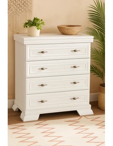 Comoda dormitor VM2, Pal Melaminat, cu 4 sertare, cu elemente din MDF, Alb Antichizat